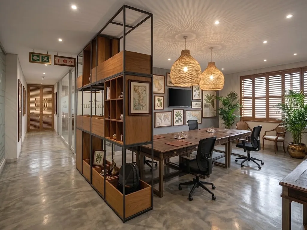 The Voyager, hot desks either side of the open shelving